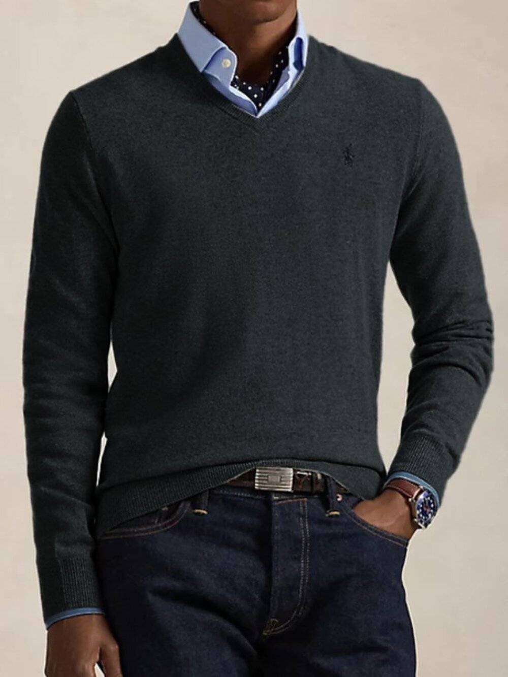 Polo Ralph Lauren Merino Wool Sweater Grey Fine Knit Minimal Vee Neck Pull Over